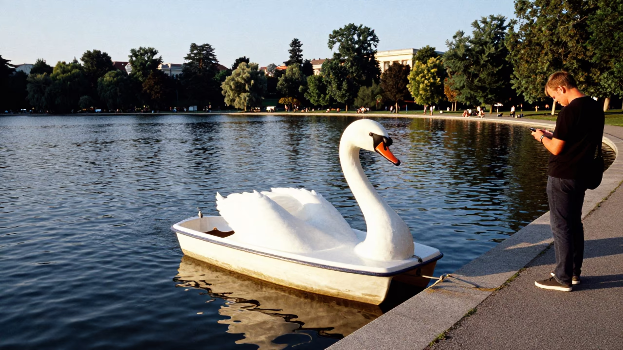 Vienna Park Lake Late Afternoon Swan Pedal Boat and Fig Tree Shadows in in Vienna, Austria