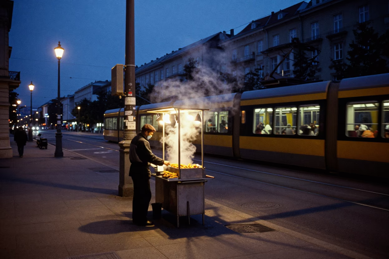 Vienna Predawn Street Scene with Monorail and Churros in in Vienna, Austria