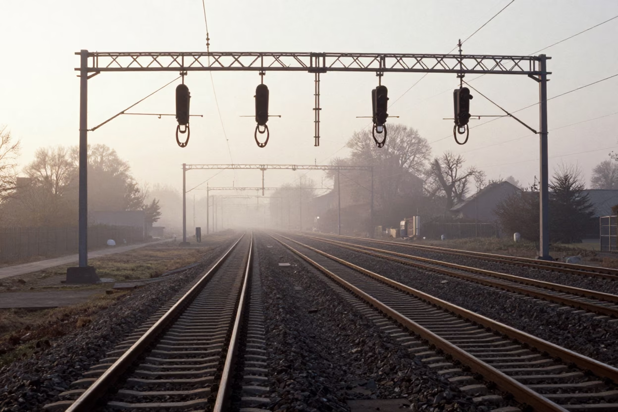 Vienna Railway Signal Gantry Above Parallel Tracks in Morning Mist After Sunrise in in Vienna, Austria
