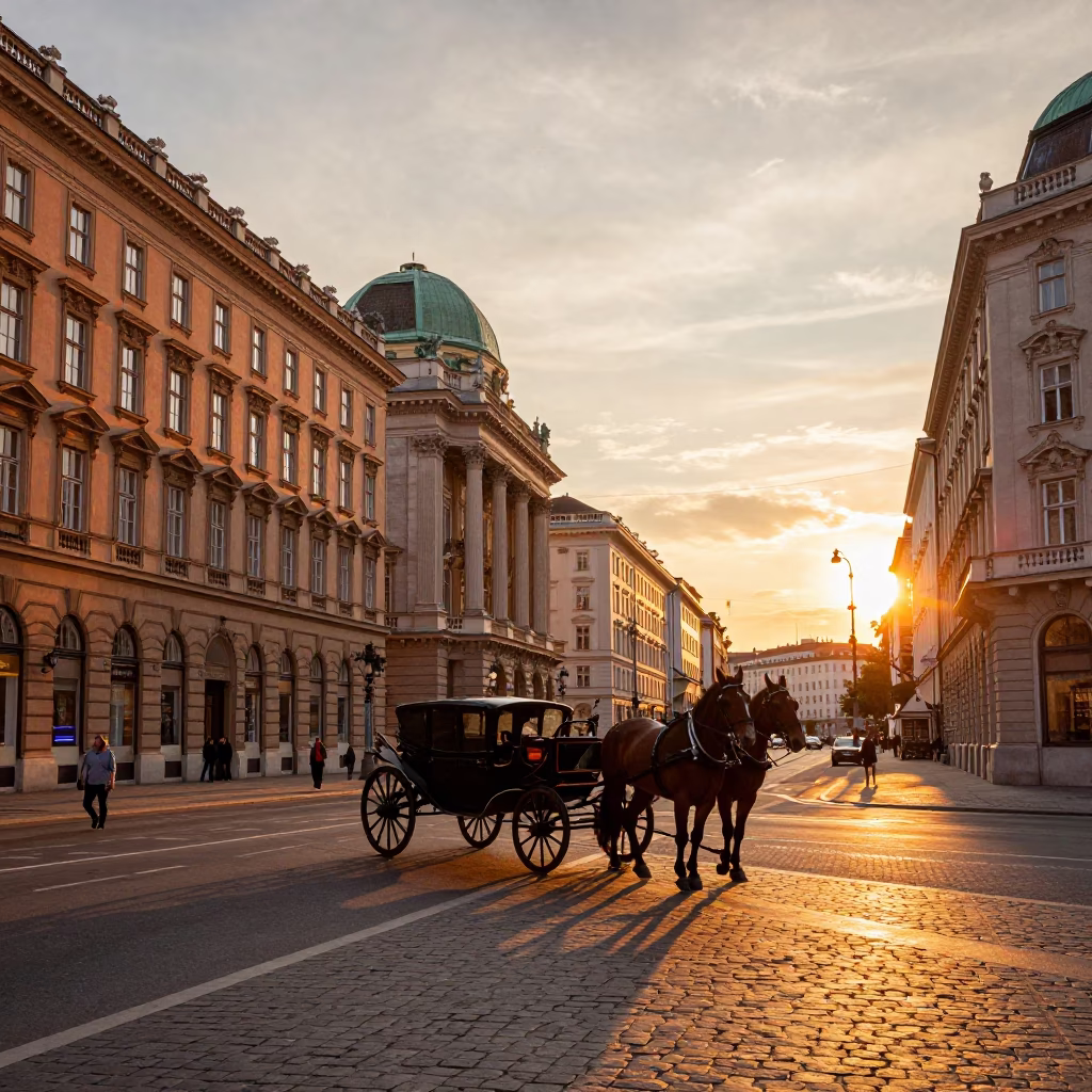 Vienna Ringstrasse Sunset Skyline with Horse Carriage and Historic Architecture in in Vienna, Austria