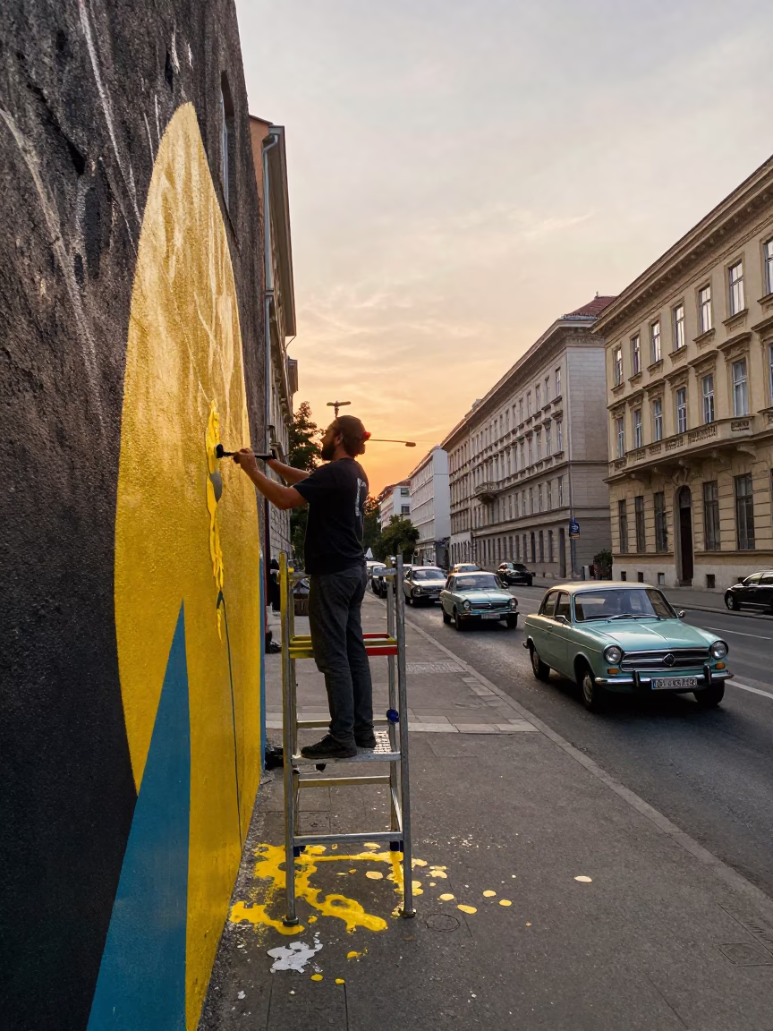 Vienna Street Art Mural Creation at Sunset with Vintage Car Rally in in Vienna, Austria