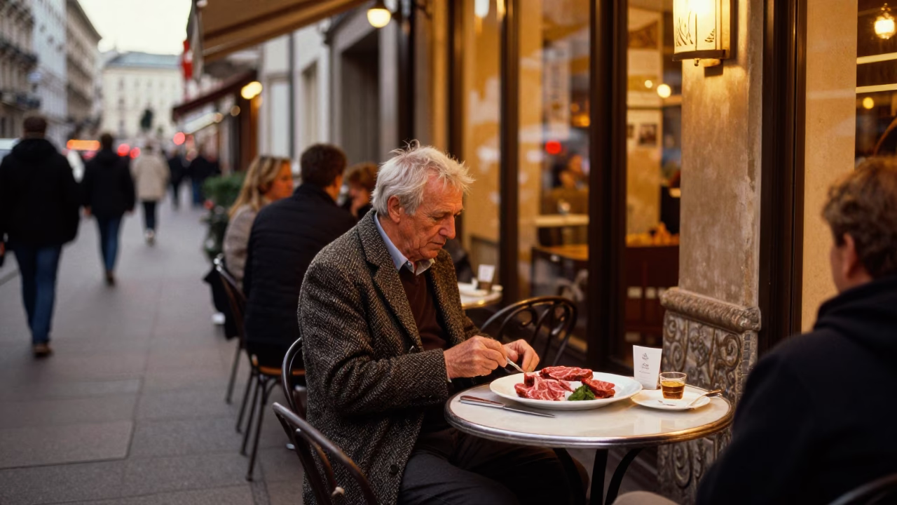 Vienna Street Cafe Evening Scene with Plate of Wagyu Beef and Historic Architecture in in Vienna, Austria