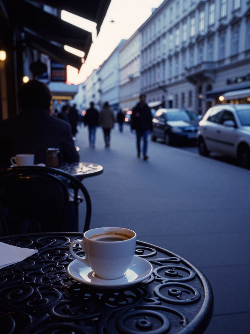 Vienna Street Cafe Morning Before Sunrise with Cup and Night Light in in Vienna, Austria
