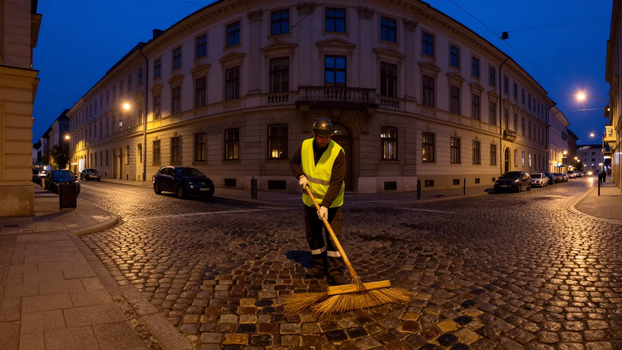Vienna Street Cleaner Sweeping Cobblestones in Predawn Darkness Near Historic Architecture in in Vienna, Austria