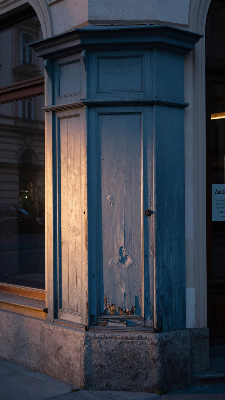 Vienna street corner at dawn with scuffed painted wood and urban details in in Vienna, Austria