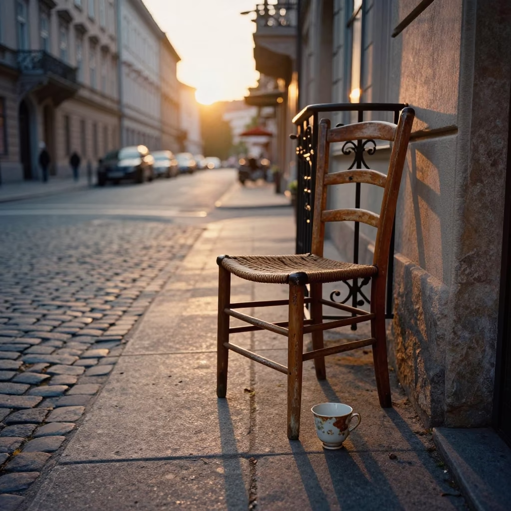 Vienna Street Corner Sunset with Ladder-Back Chair and Tea Stain Residue in in Vienna, Austria