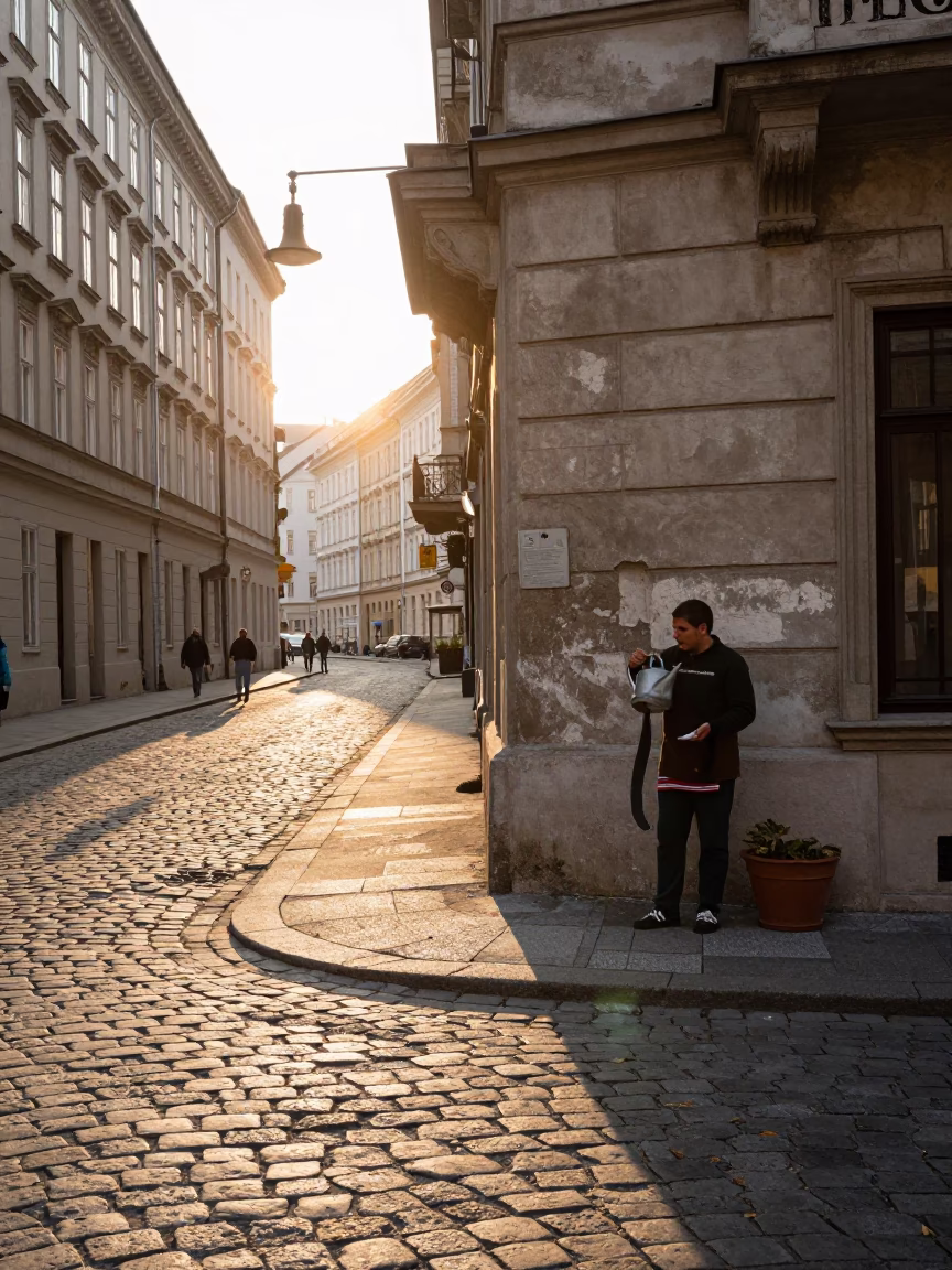 Vienna Street Scene After Sunrise With Watering Jug And Muralist Sample Swatches in in Vienna, Austria