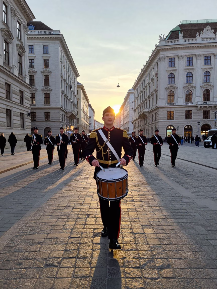 Vienna Street Scene at Dawn with Drum Major and Folding Chairs in in Vienna, Austria