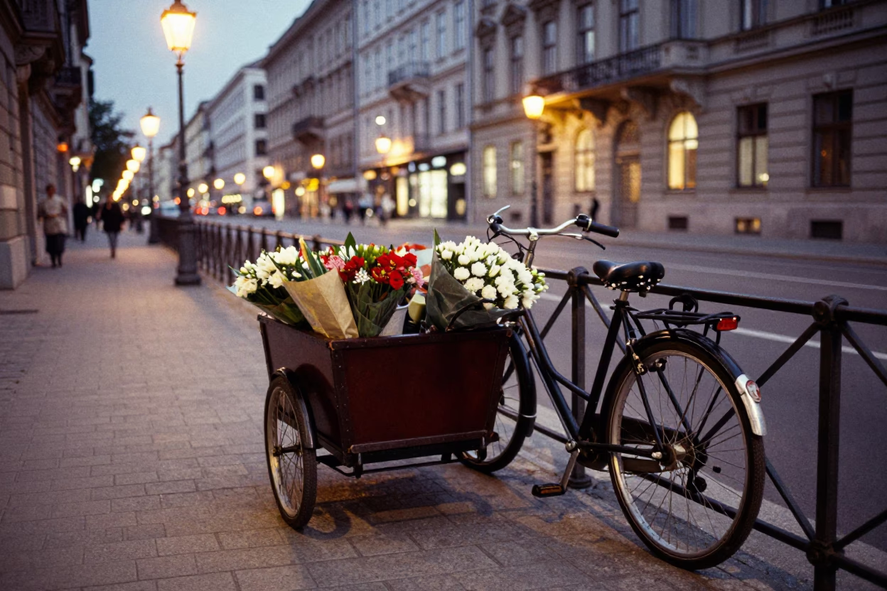 Vienna Street Scene at Dusk with Cargo Bicycle and Flowers in in Vienna, Austria
