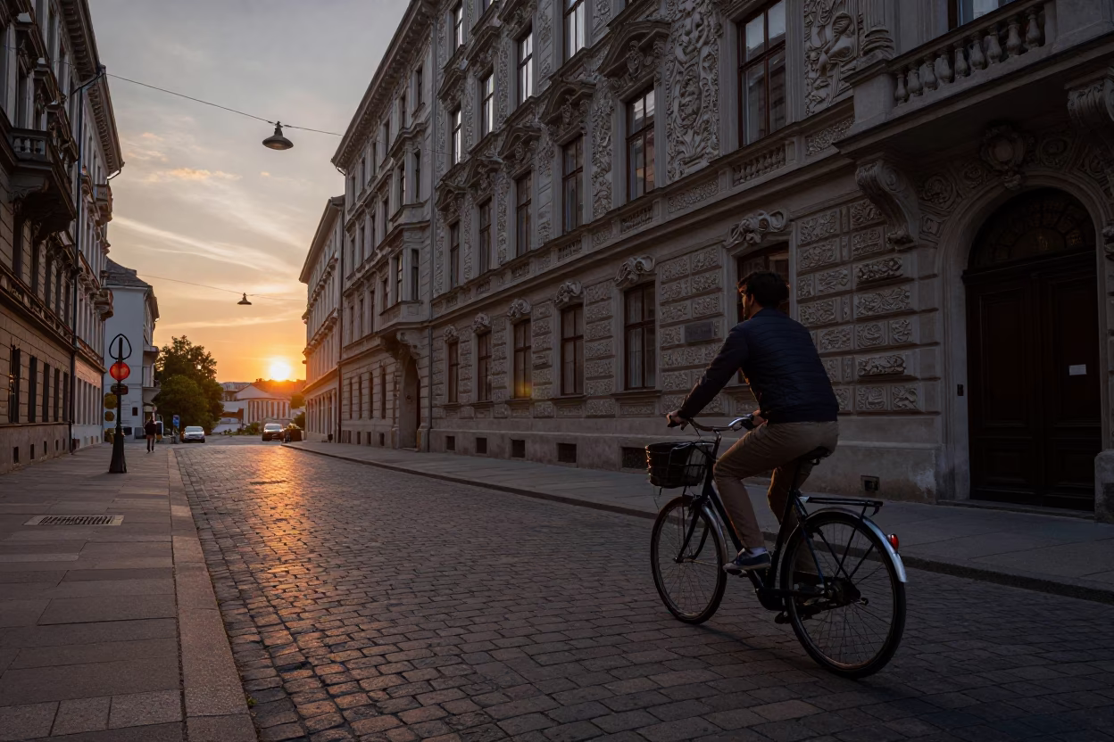 Vienna street scene at dusk with cyclist and traditional architecture in in Vienna, Austria