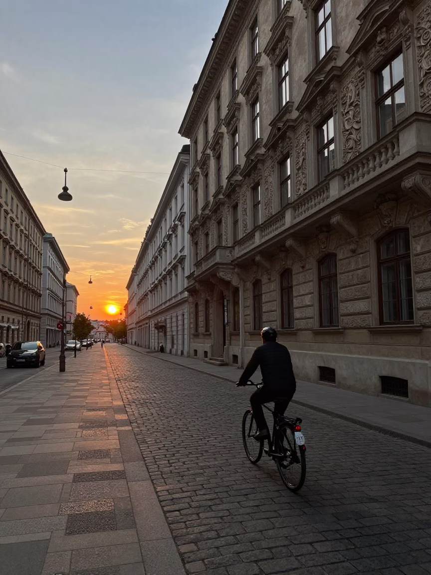 Vienna Street Scene at Dusk with Historic Architecture and Urban Life in in Vienna, Austria