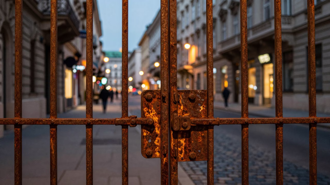 Vienna Street Scene at Dusk with Rusty Gate and Local Interaction in in Vienna, Austria