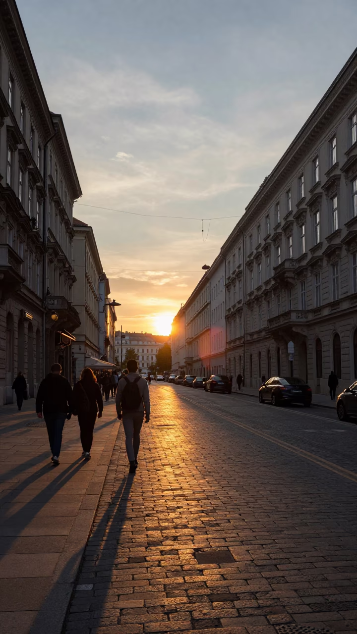 Vienna Street Scene at Dusk with Sun Stripe and Local Cafe Activity in in Vienna, Austria