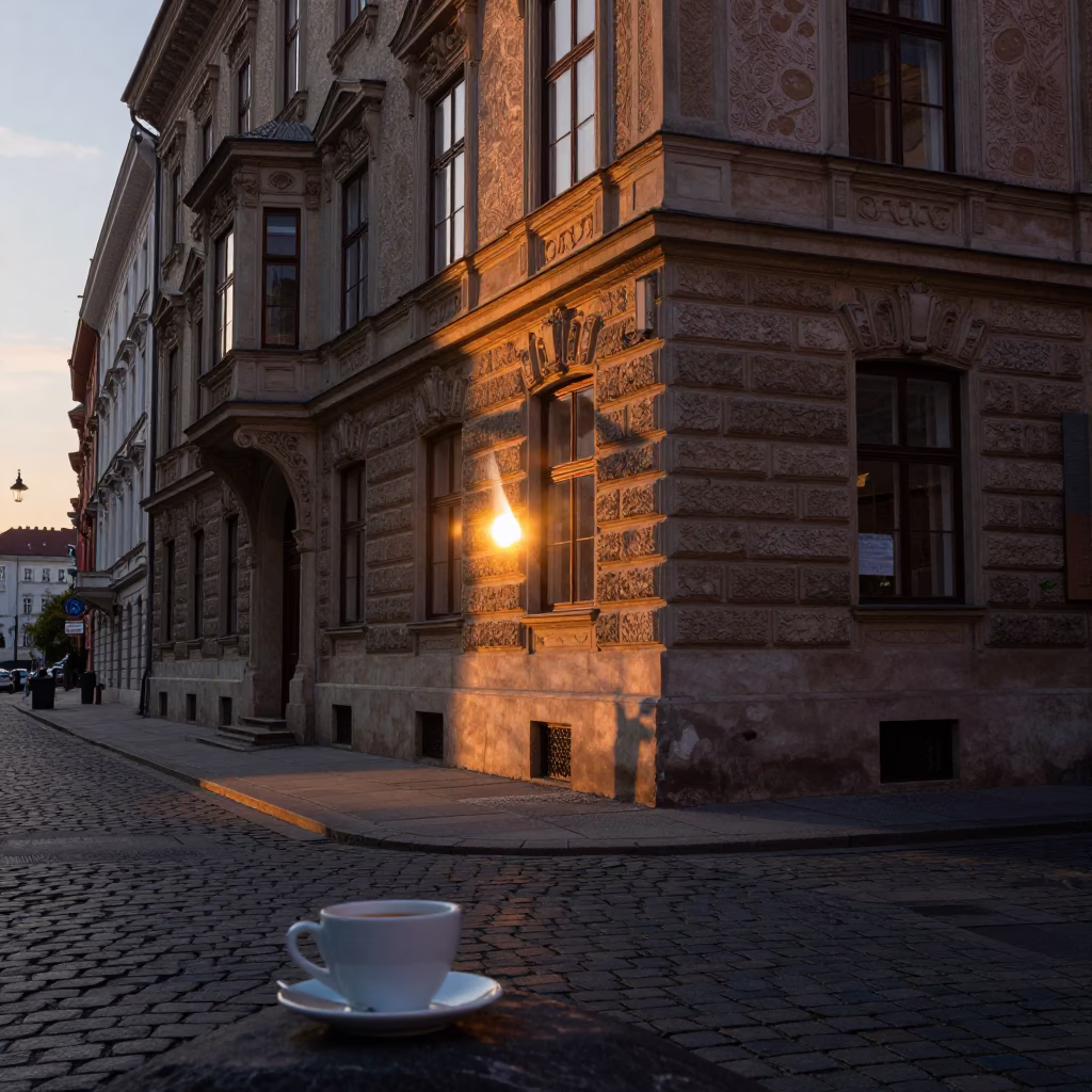 Vienna Street Scene at Dusk with Traditional Coffee Cup and Newspaper in in Vienna, Austria