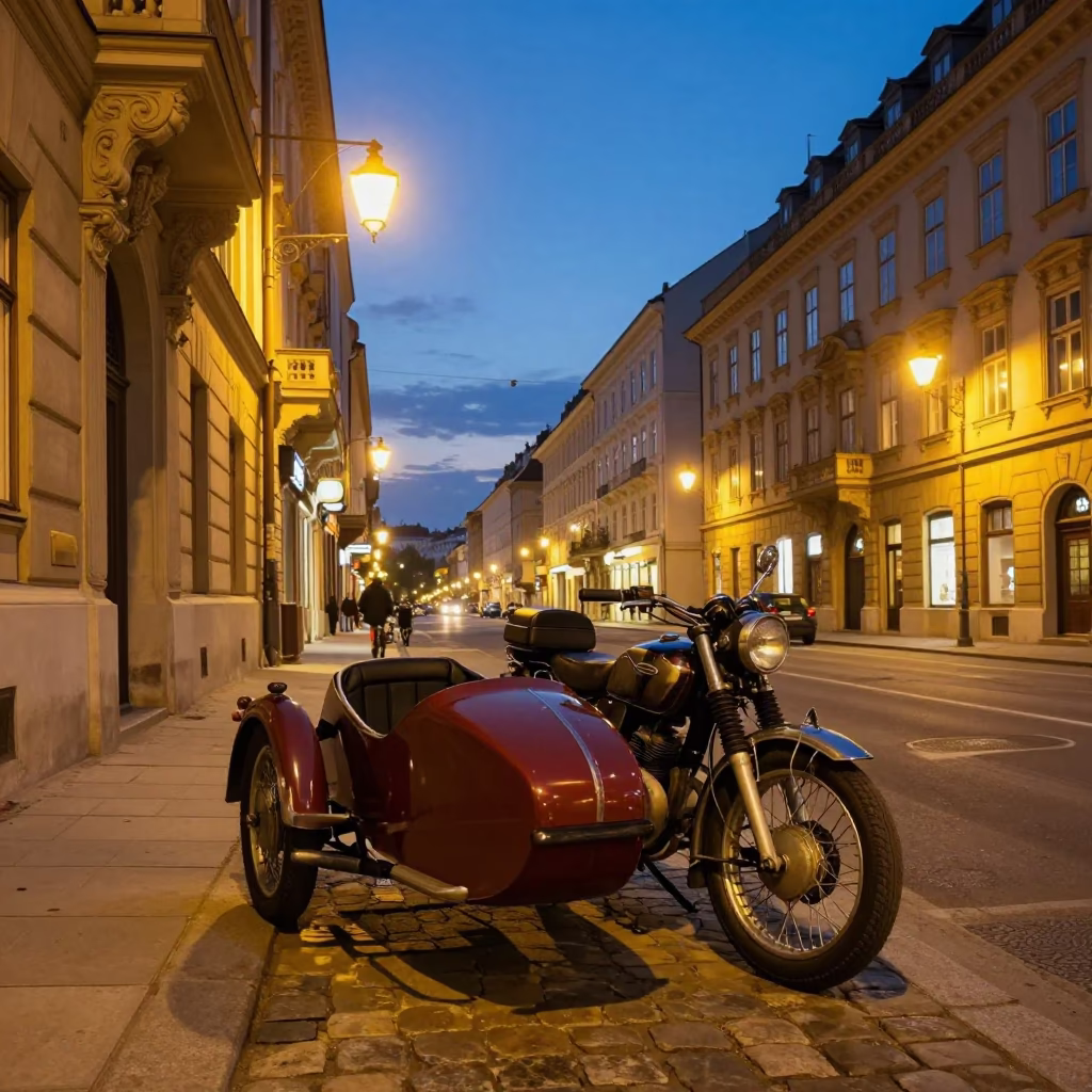 Vienna Street Scene at Dusk with Vintage Motorcycle and City Lights in in Vienna, Austria