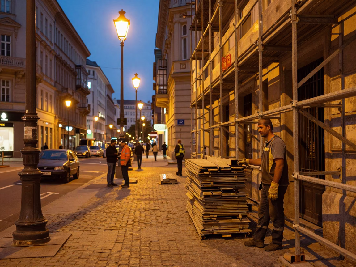 Vienna Street Scene at Dusk with Workers and Urban Details in in Vienna, Austria