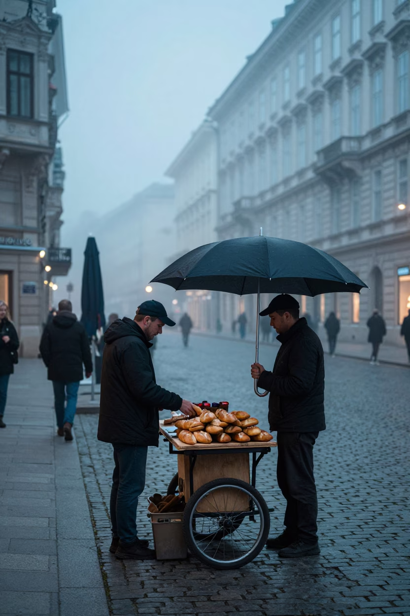 Vienna Street Scene at Nautical Dawn with Umbrellas and Baguettes in in Vienna, Austria