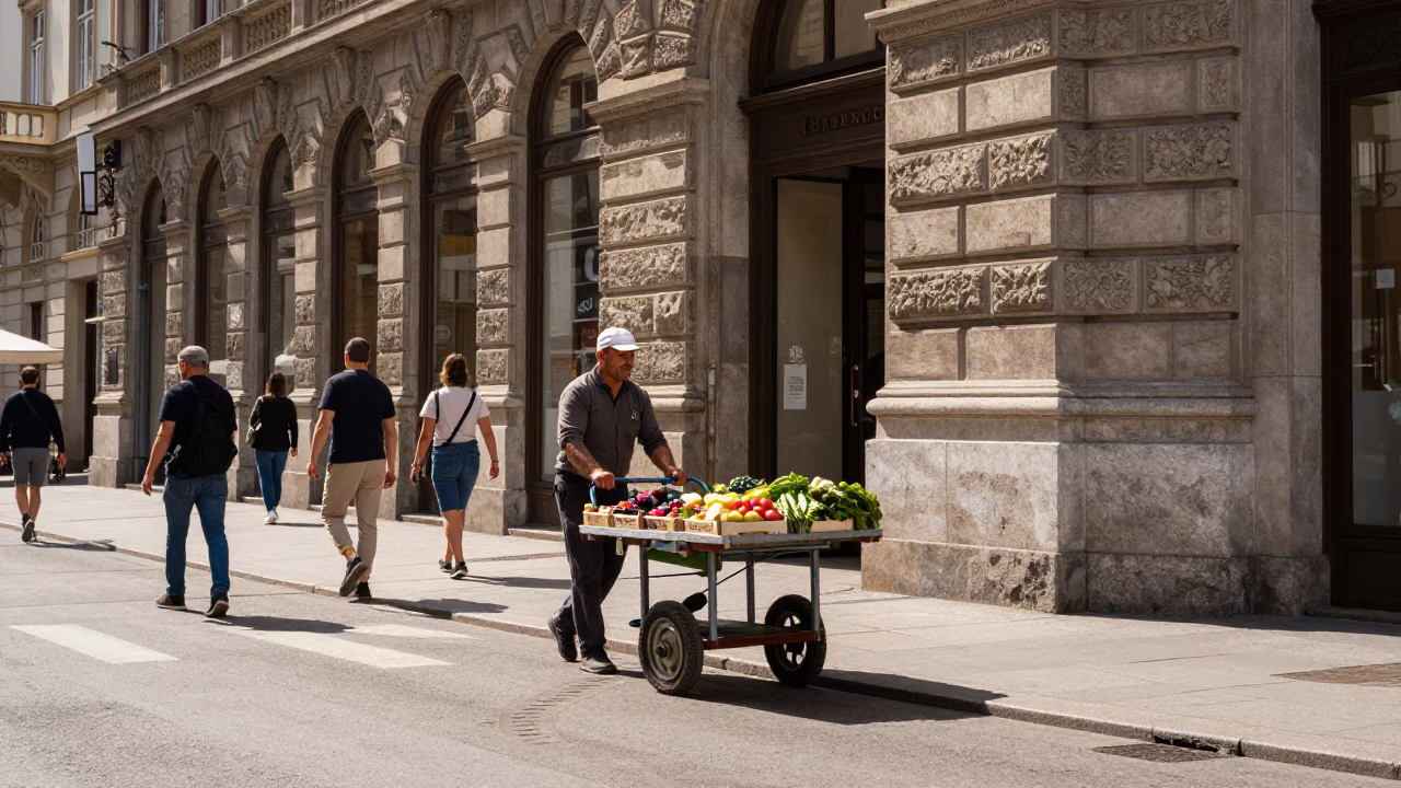 Vienna Street Scene at Noon with Rolling Carts and Local Commerce in in Vienna, Austria