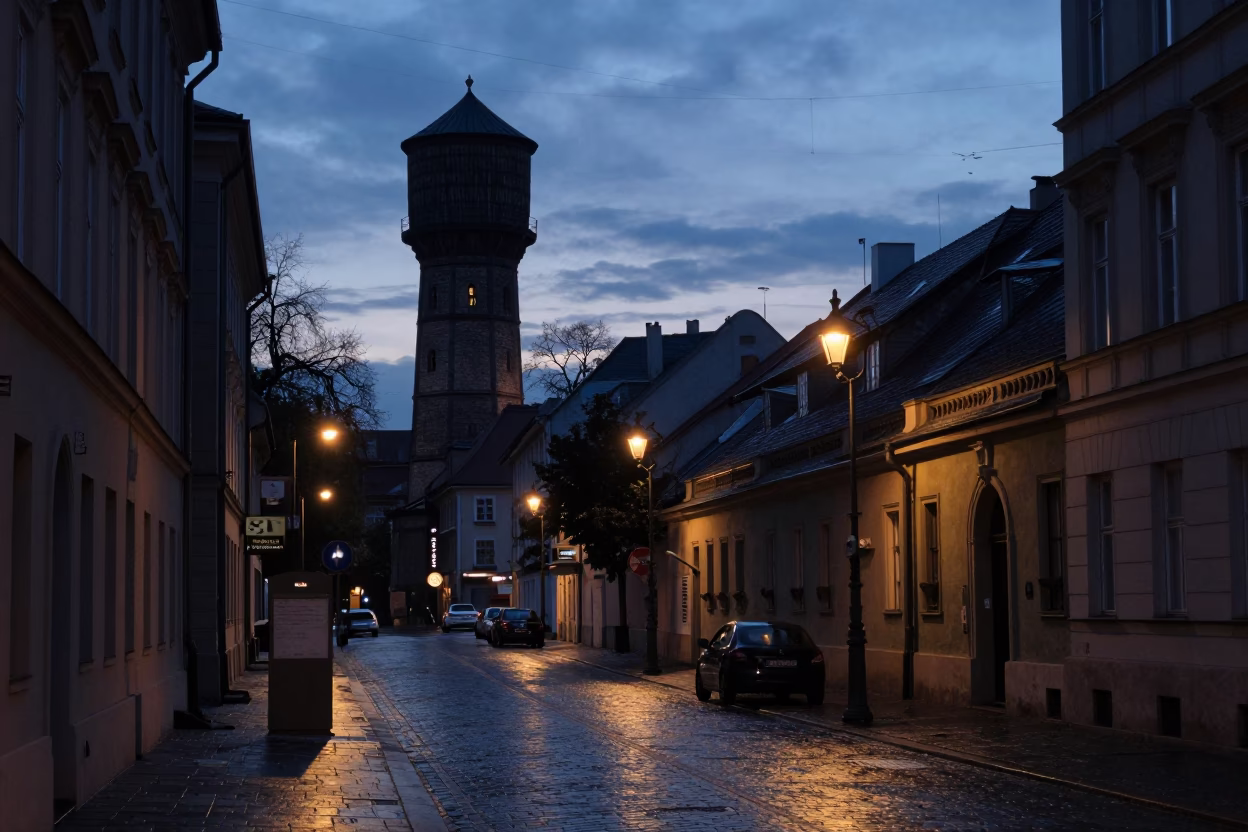 Vienna Street Scene at Predawn with Water Tower and Bridge Maintenance Cradle in in Vienna, Austria