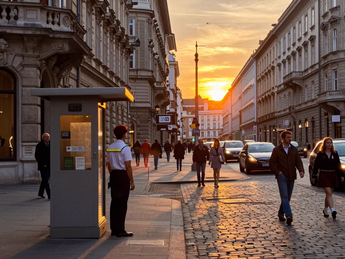 Vienna Street Scene at Sunset with Hotel Valet Stand and Headlight Streaks in in Vienna, Austria
