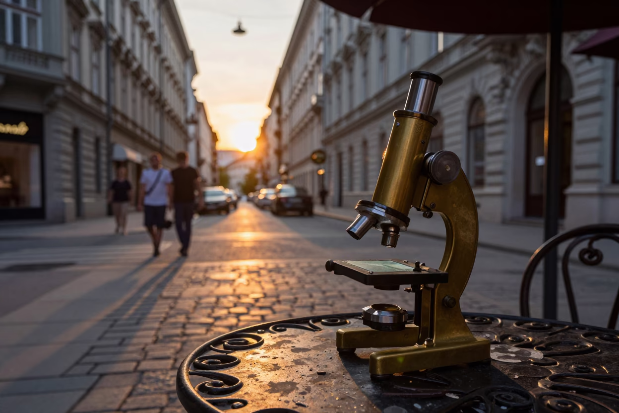 Vienna street scene at sunset with vintage brass microscope on cafe table in in Vienna, Austria
