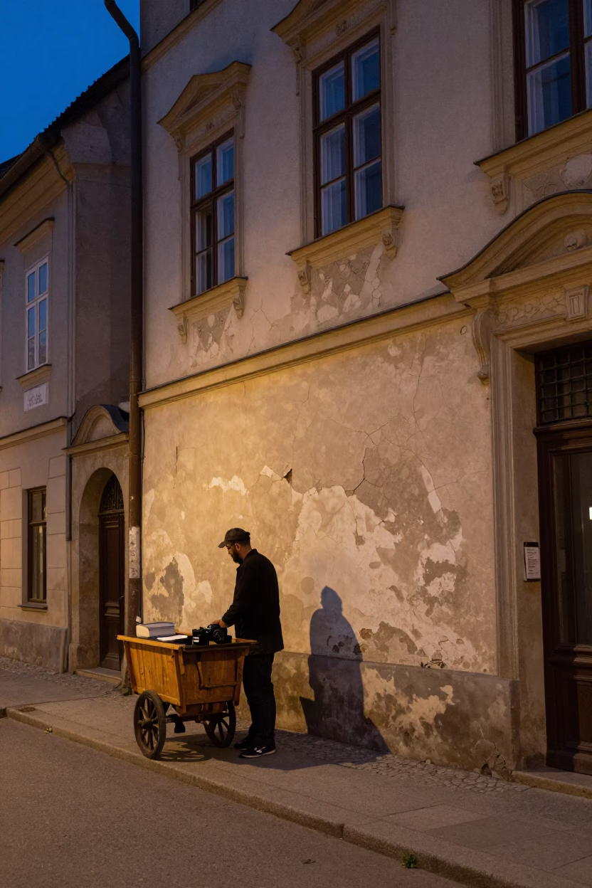 Vienna Street Scene at Twilight with Cracked Stucco and Striped Towel in in Vienna, Austria