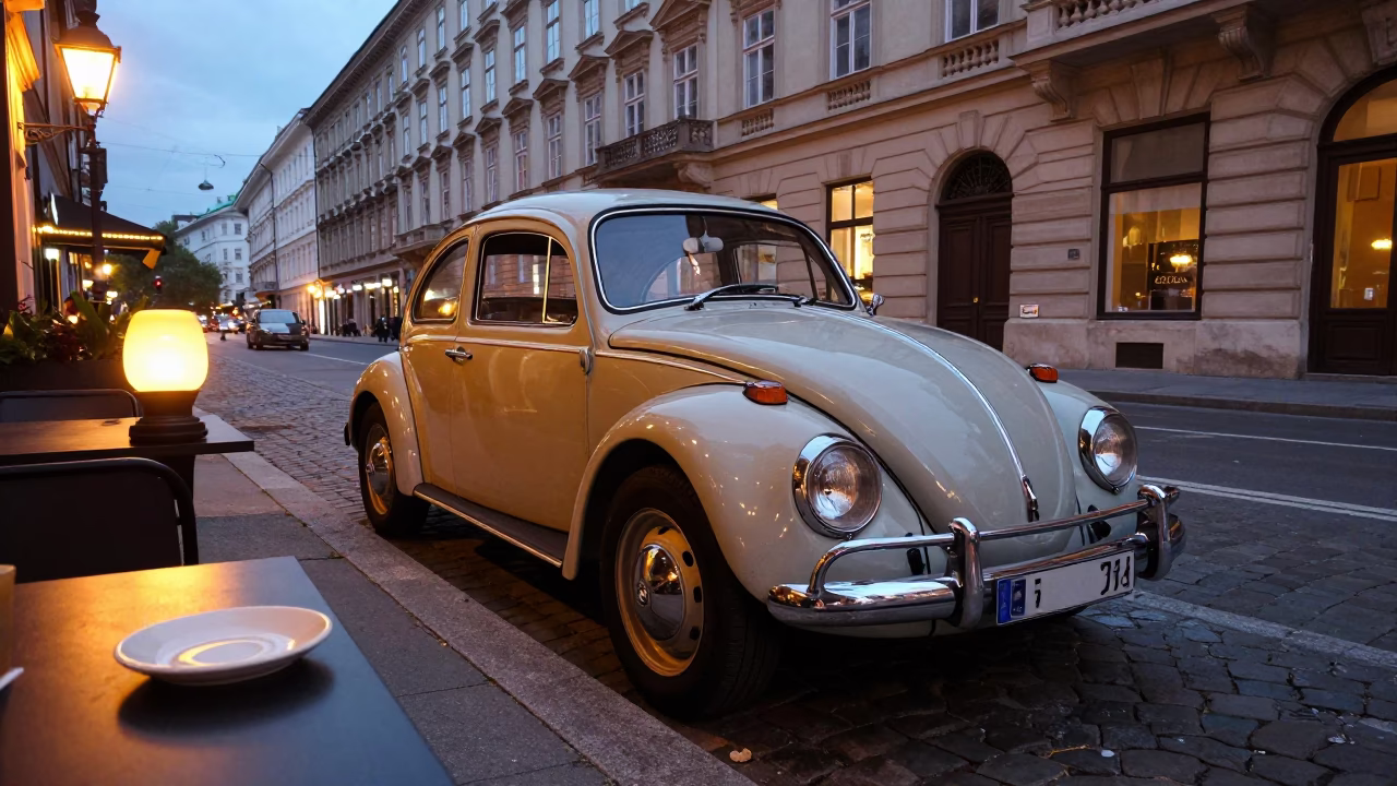 Vienna Street Scene at Twilight with Vintage Car and Diner Details in in Vienna, Austria