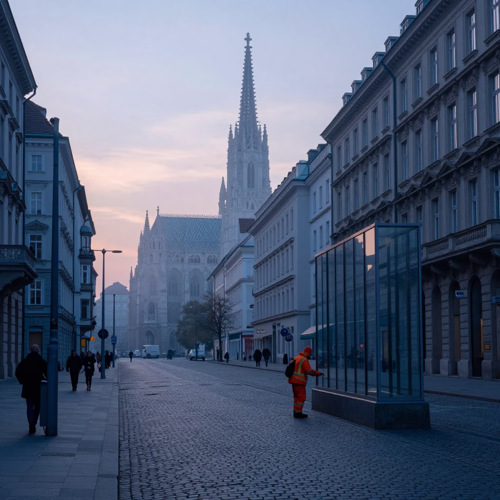 Vienna Street Scene Before Dawn with Worker and Glass Window in in Vienna, Austria
