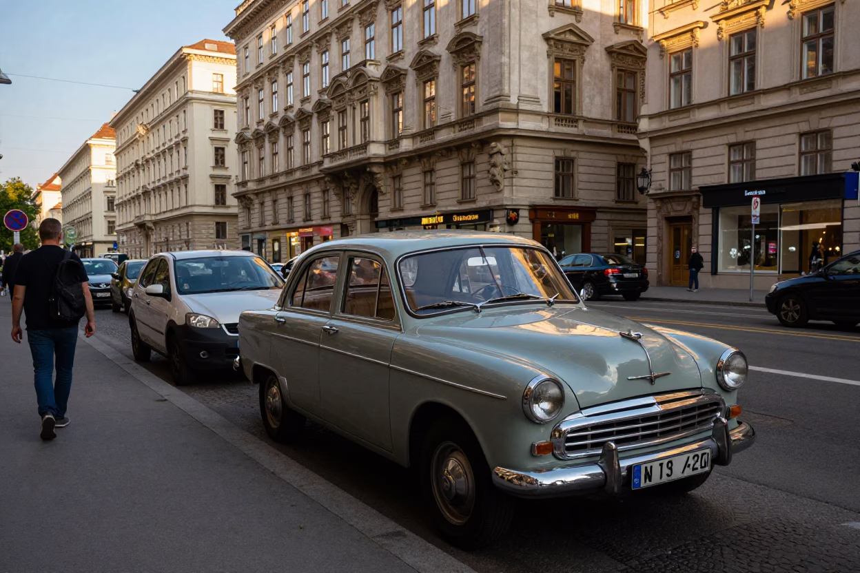 Vienna Street Scene Late Afternoon with Vintage Car and Classic Architecture in in Vienna, Austria