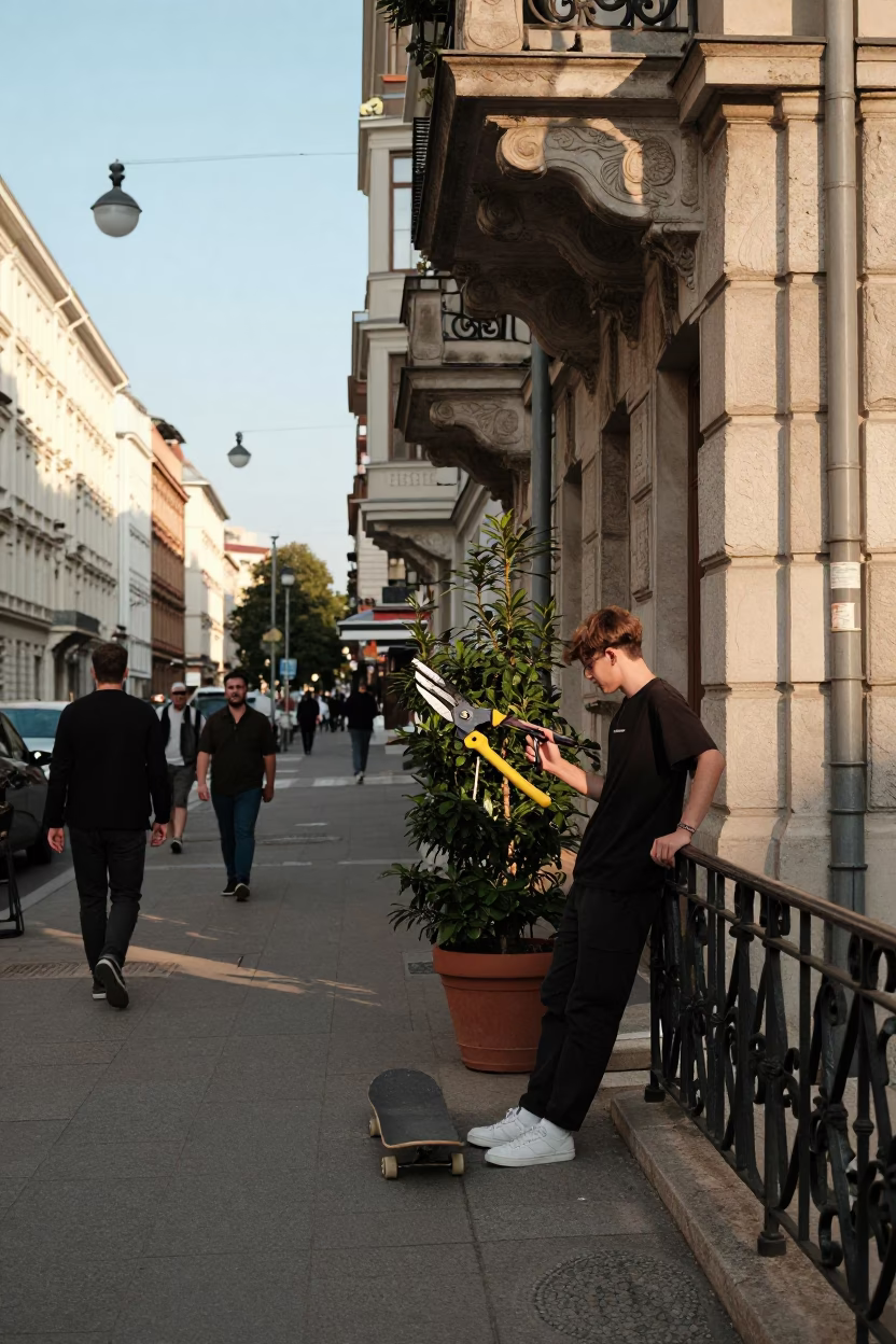 Vienna Street Scene with Garden Shears and Skateboard in Late Afternoon Light in in Vienna, Austria