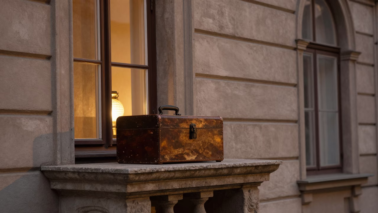 Vienna Street Scene with Hatbox and Window Light in Honeyed Evening in in Vienna, Austria