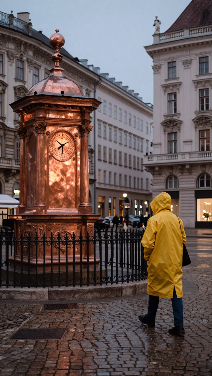 Vienna Street Scene with Sundial and Raincoats in Copper Dusk Light in in Vienna, Austria