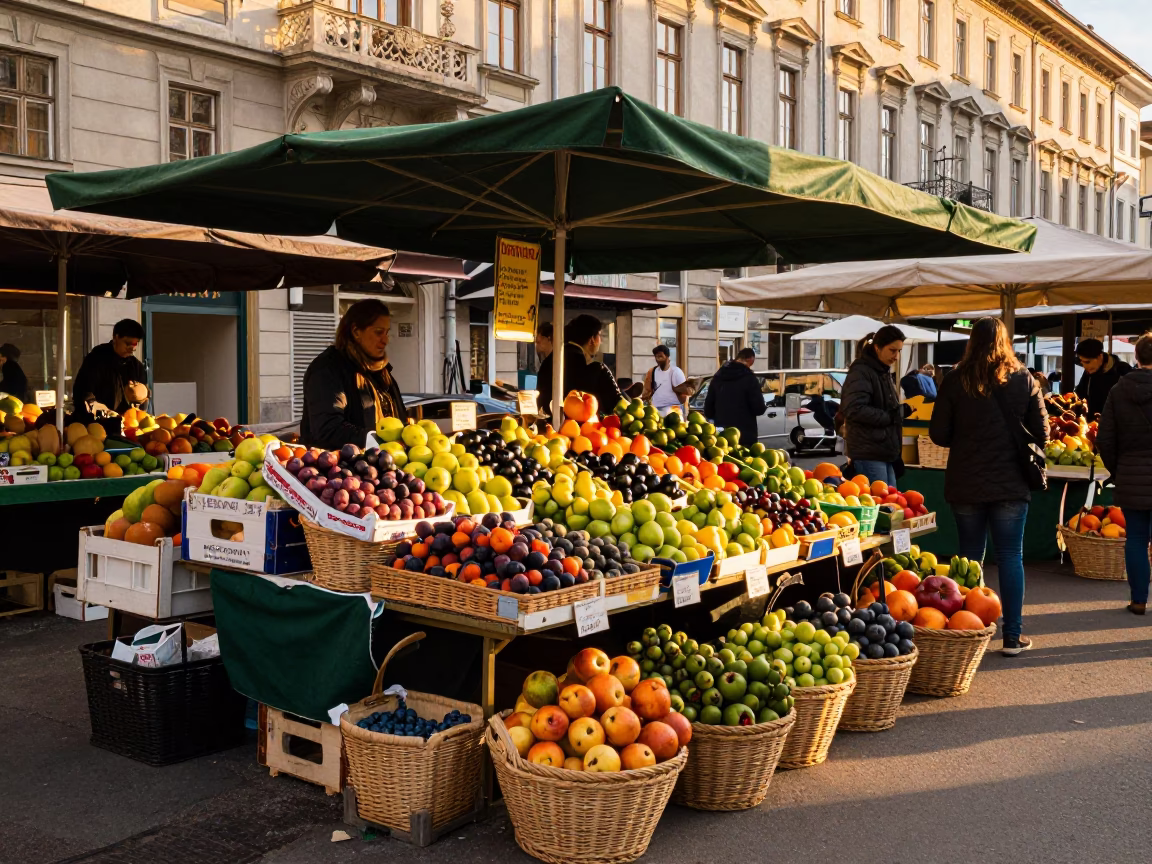 Vienna street vendor golden hour fruit and woven basket display in in Vienna, Austria