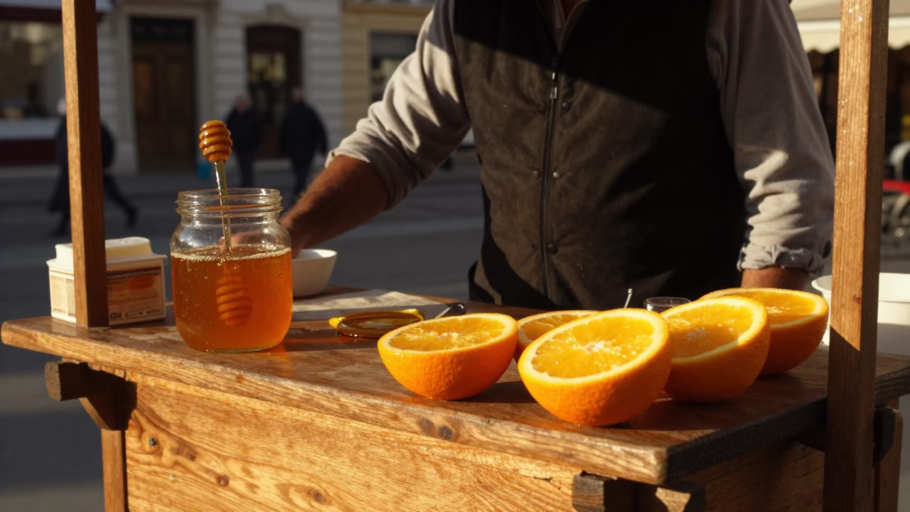 Vienna Street Vendor with Fresh Citrus Peel in Honeyed Evening Light in in Vienna, Austria