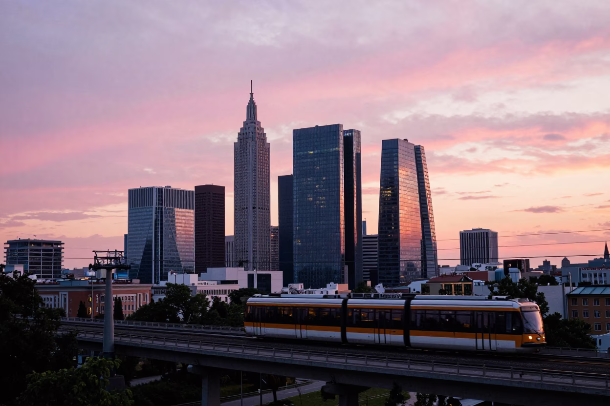 Vienna Sunset Cityscape Featuring a Cable Car Crossing the Skyline in in Vienna, Austria