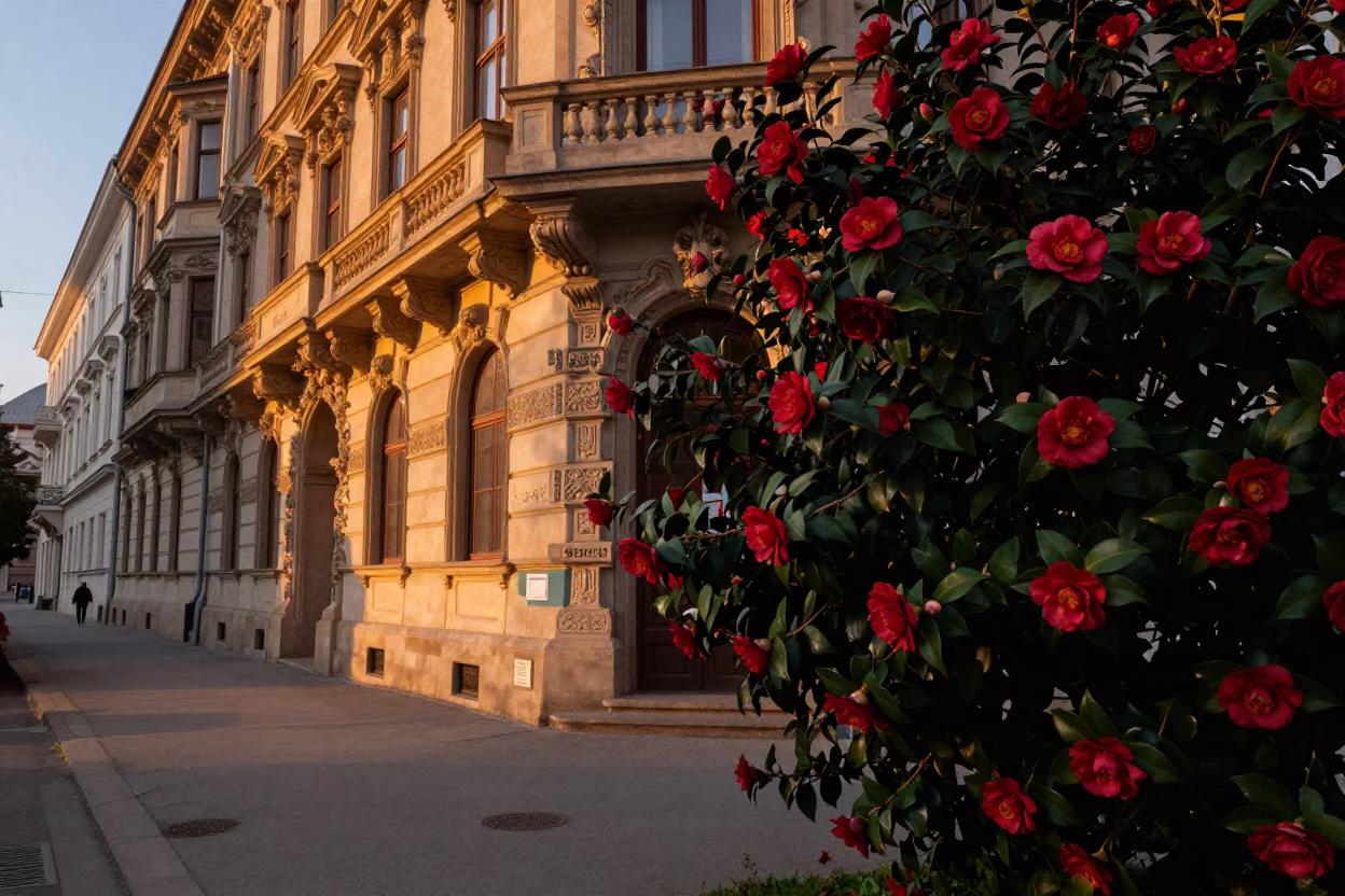 Vienna Sunset Street Scene with Camellia Shrub and Traditional Architecture in in Vienna, Austria