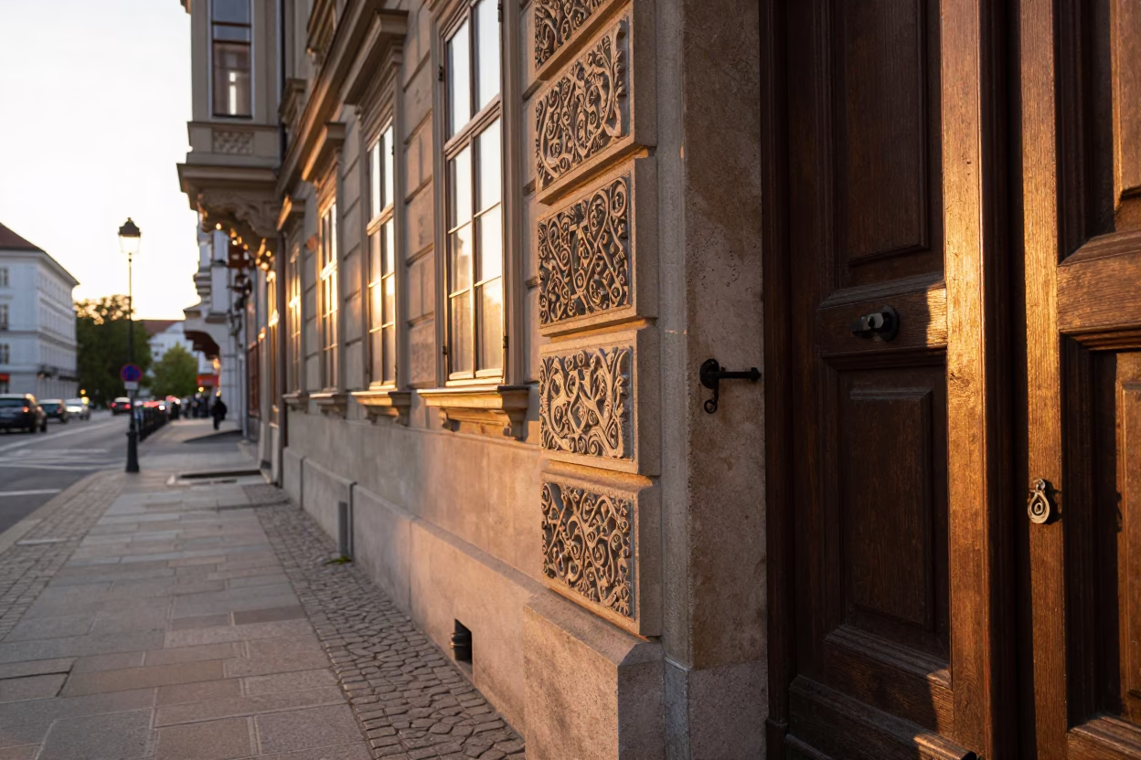 Vienna Sunset Street Scene with Latch on Historic Building and Tramway in in Vienna, Austria