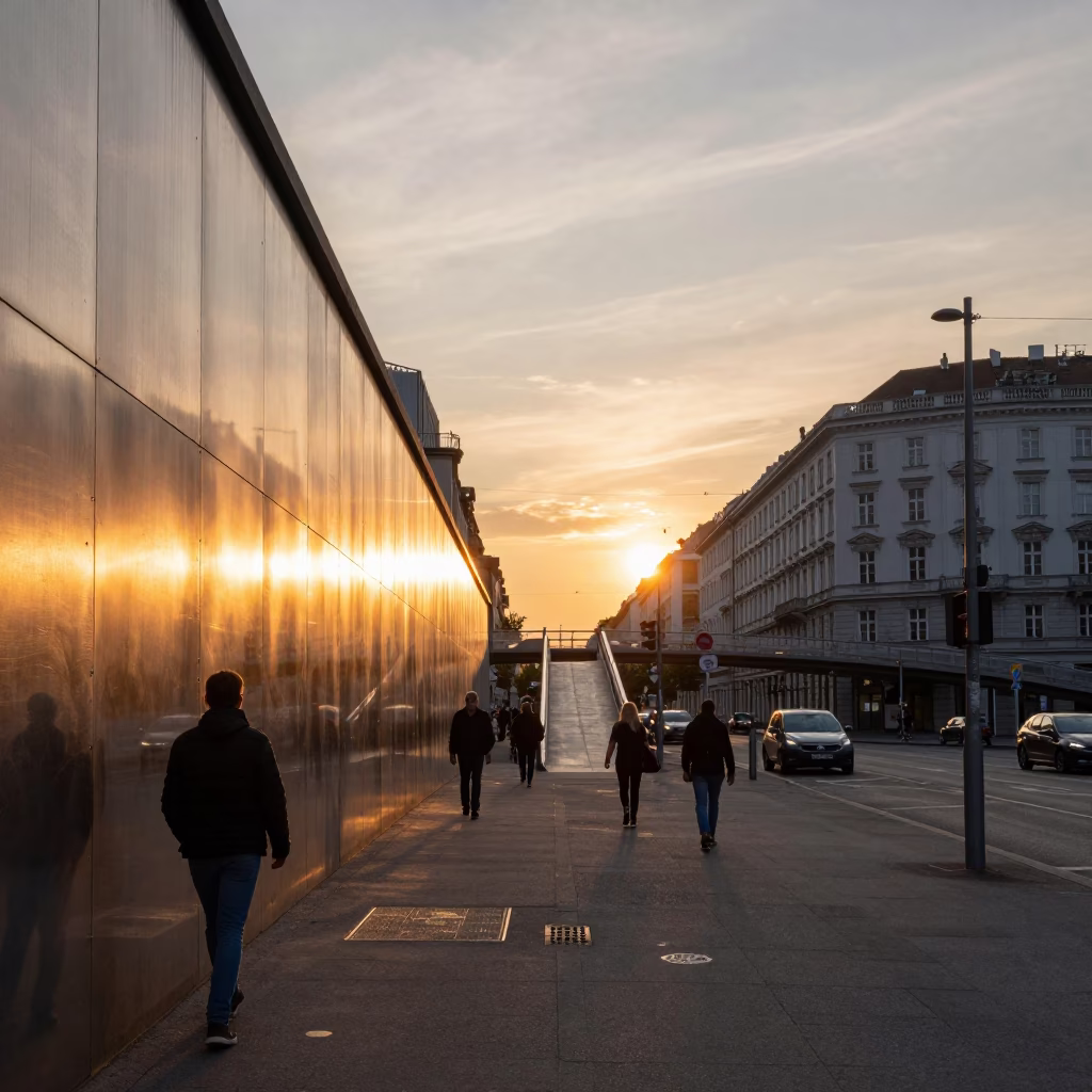 Vienna Sunset Street Scene with Overpass Ramp and Brushed Steel Wall in in Vienna, Austria