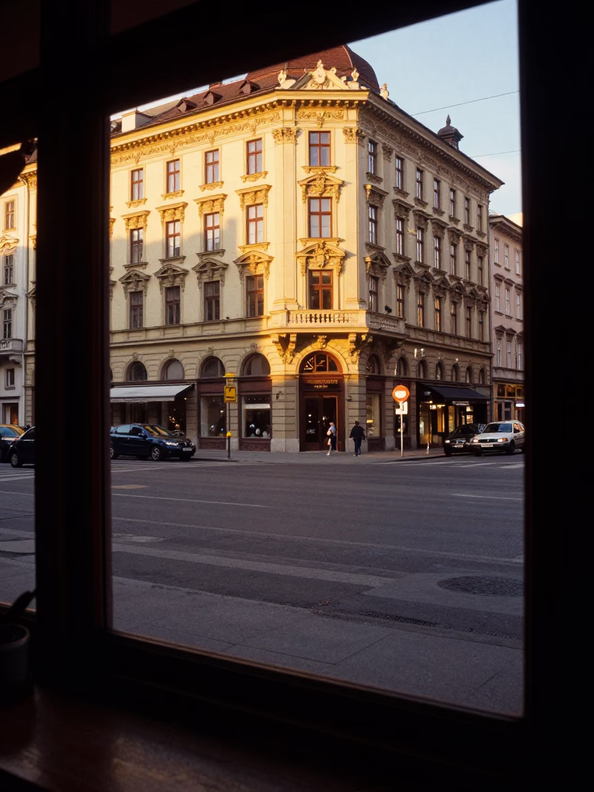 Vienna Sunset Street Scene with Smudged Window and Classic Tram in in Vienna, Austria