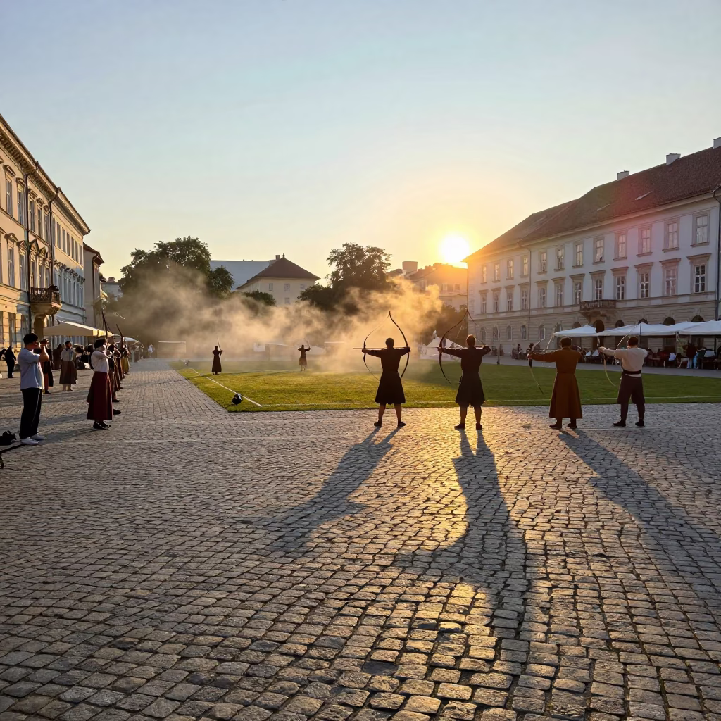 Vienna Sunset Street Scene with Steam Haze and Traditional Archery Contest in in Vienna, Austria