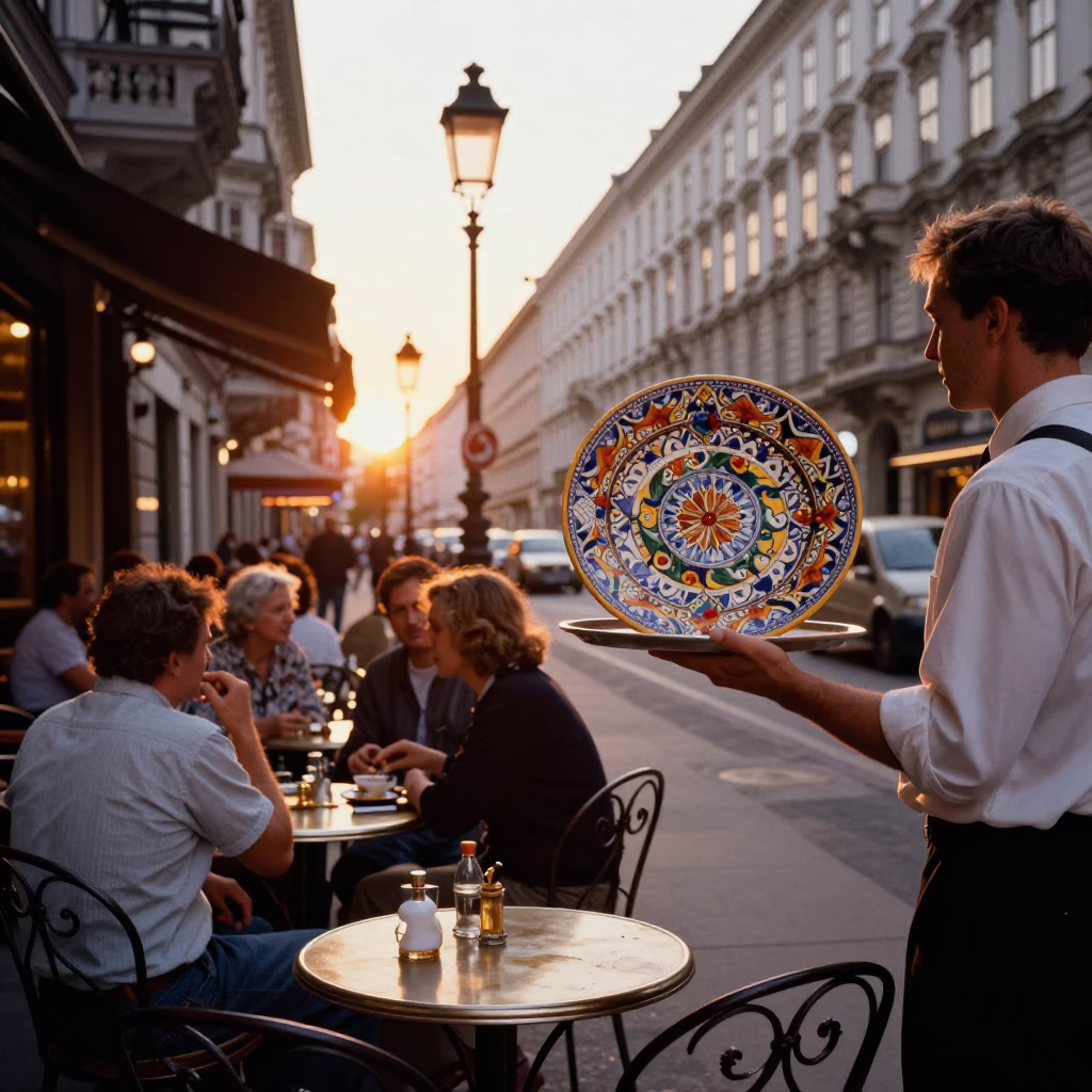 Vienna Sunset Street Scene with Vintage Majolica Plate and Busy Café Crowd in in Vienna, Austria