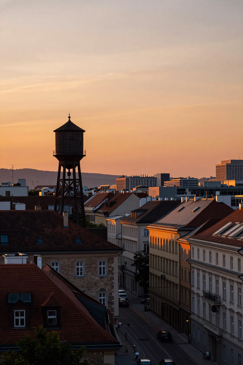 Vienna Sunset Street Scene with Water Tower and Urban Architecture in in Vienna, Austria