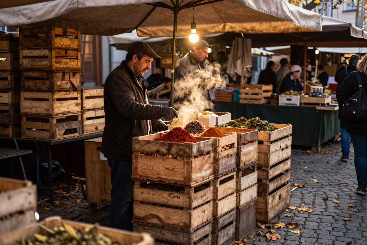Vienna Tea Hawker Stacks Crates Golden Hour Light in in a flea market lane in Naschmarkt, Vienna