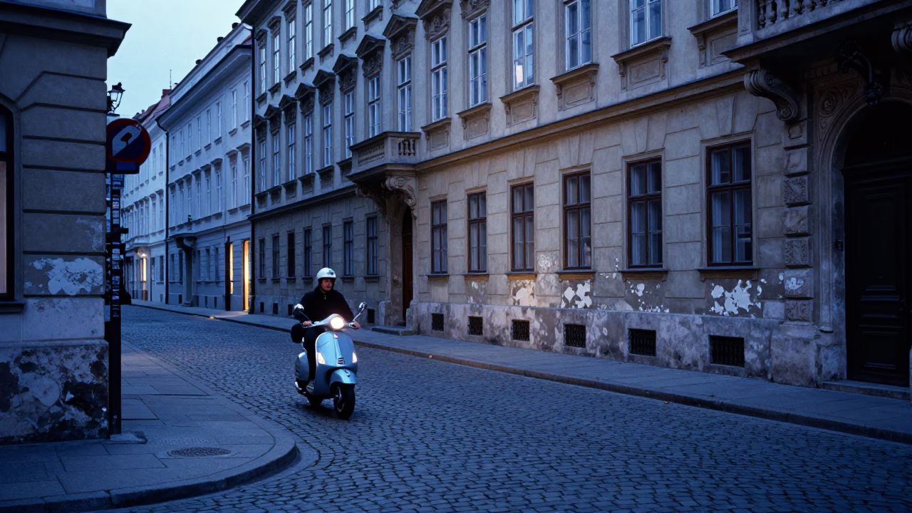 Vienna Town Street at The Last Blue Light Of Evening in in Vienna, Austria
