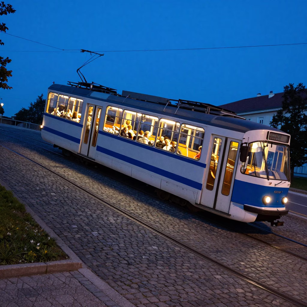 Vienna Tram Ascending Steep Hill in Indigo Twilight with City Lights in in Vienna, Austria