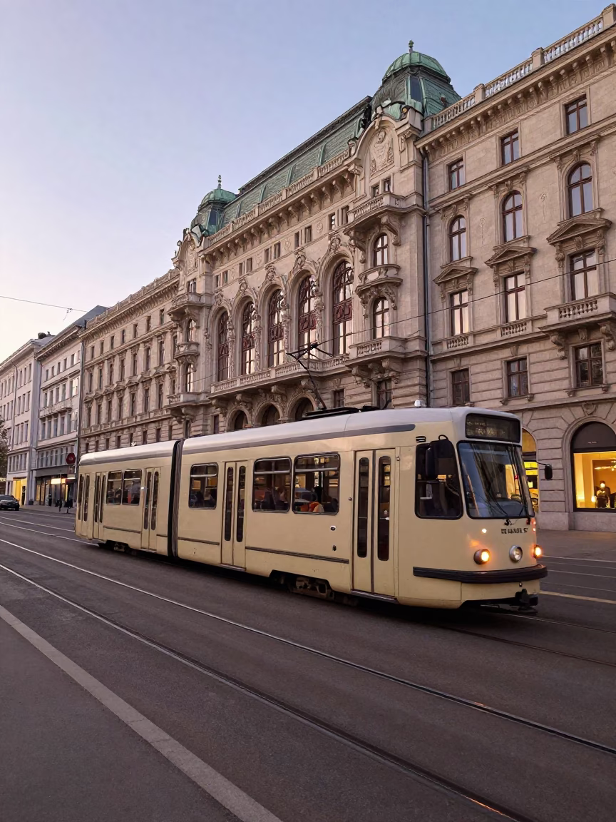 Vienna Tram Passing Art Nouveau Facades at Nautical Dawn in in Vienna, Austria