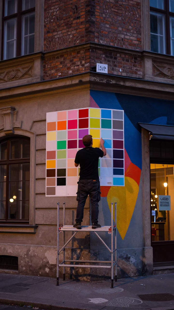 Vienna Twilight Street Scene with Muralist Painting Sample Swatches on Scaffold in in Vienna, Austria