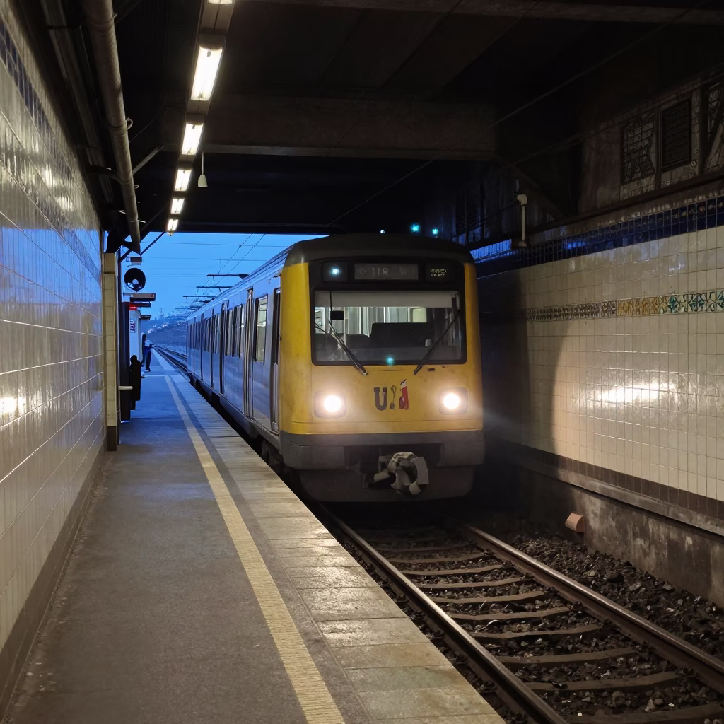Vienna U-Bahn Station at Nautical Dawn Metro Train Emerging from Tunnel in in Vienna, Austria