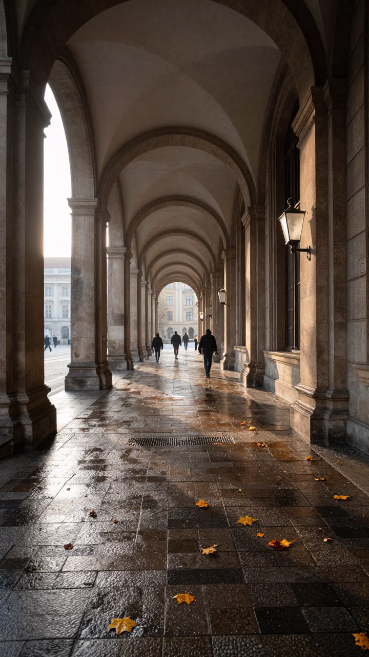 Vienna University Arcade Morning Light with Wet Leaves and Commuters in in Vienna, Austria