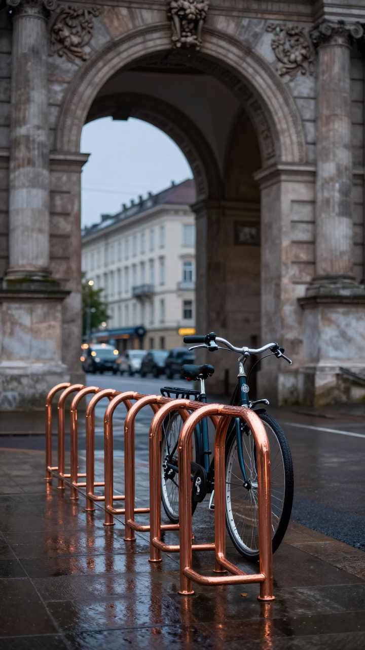 Vienna University Archway Framing Wet Bicycle Rack in Copper Dusk Light in in Vienna, Austria
